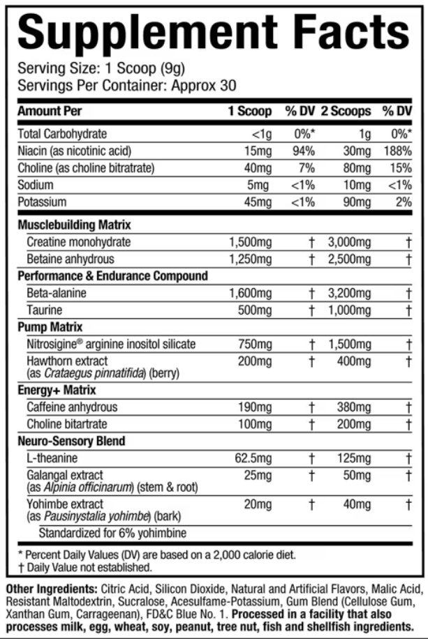 Muscletech Vapor X5 nutrition values