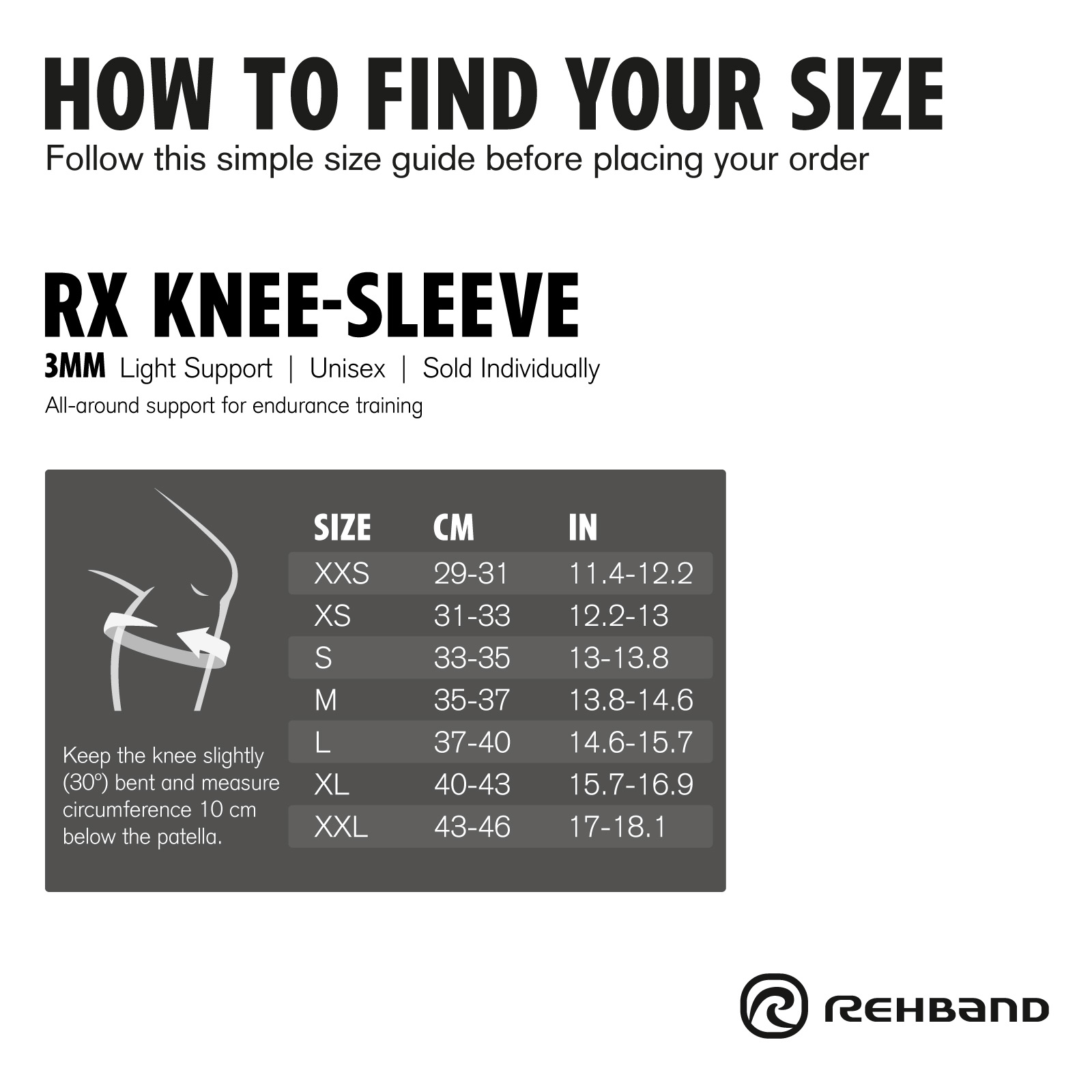 Rehband rx knee sleeve 3mm size chart polvituki koko-opas